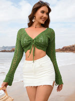 Drawstring Openwork Long Sleeve Cover-Up - Ladyez