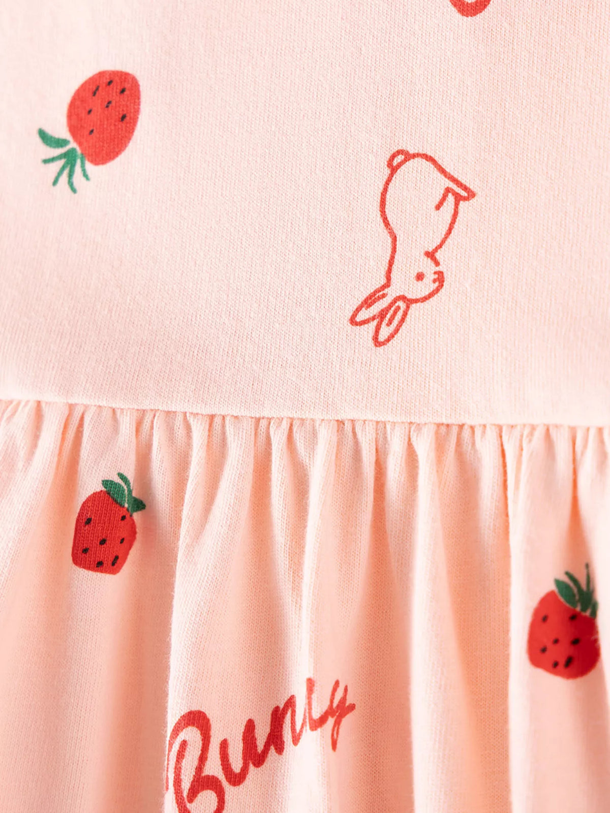 Children's Strawberry and Bunny Print Ruffled Long-Sleeve A-Line Dress
