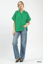 Umgee Puff Sleeve Ruffle Neck Tunic Blouse