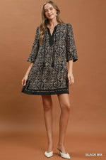 Umgee Mix Geometric Print V-Neck Tassel Detail Tunic Dress