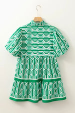 Abstract Patterned V Neck Puff Short Sleeve Mini Dress