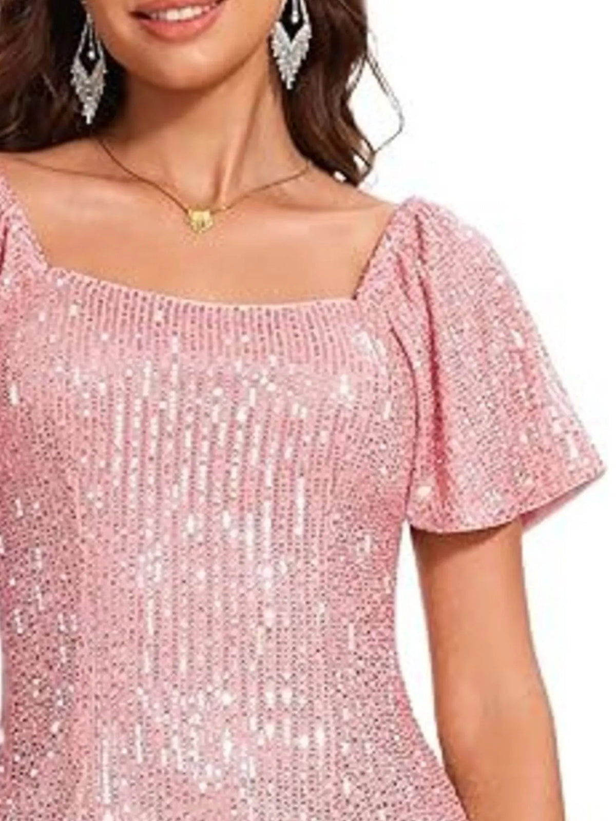 Square Neck Sequin Short Sleeve Blouse - Ladyez