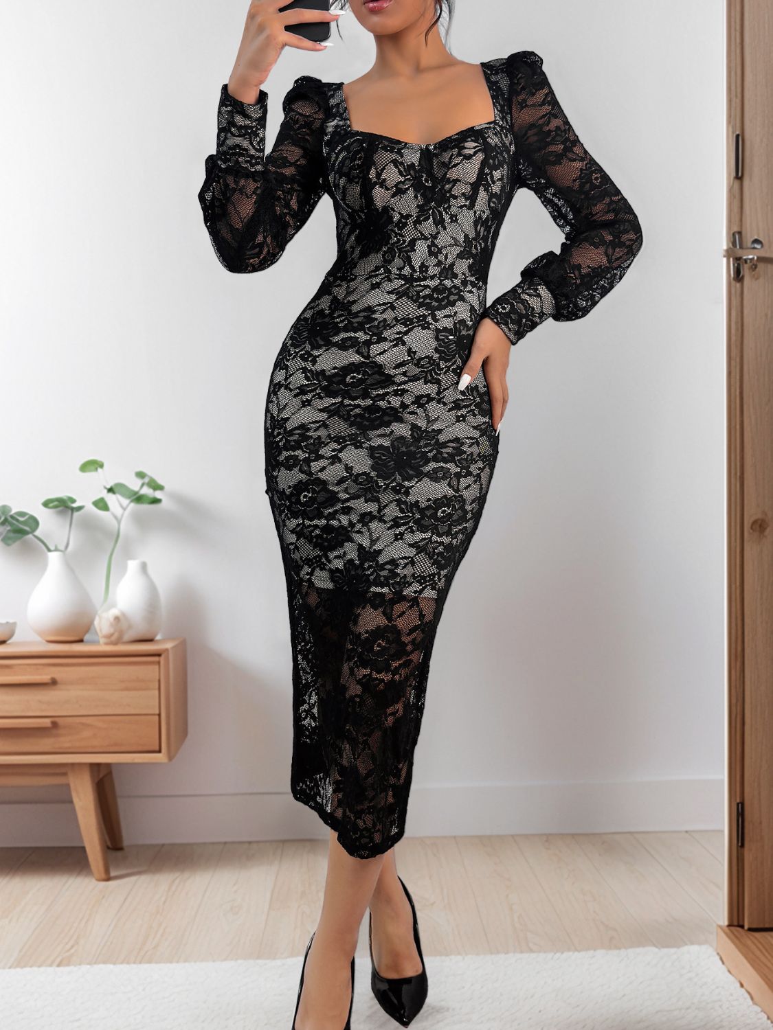 Perfee Lace Sweetheart Neck Long Sleeve Midi Dress - Ladyez