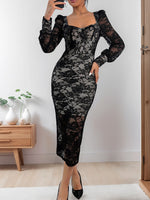 Perfee Lace Sweetheart Neck Long Sleeve Midi Dress - Ladyez