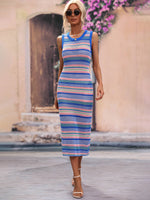 Striped Round Neck Sleeveless Midi Cover Up Dress - Ladyez