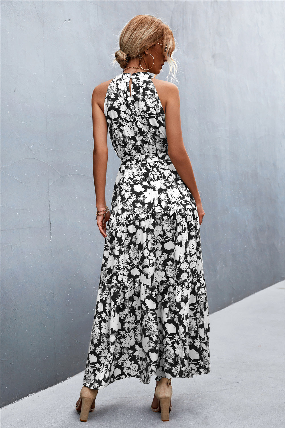 Printed Sleeveless Tie Waist Maxi Dress - Ladyez