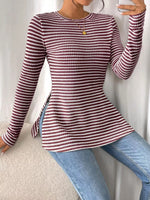 Slit Striped Long Sleeve Casual T-Shirt