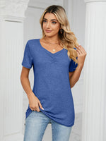 Ruched V-Neck Short Sleeve T-Shirt - Ladyez