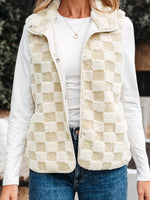 Sherpa Checkerboard Snap Button Vest Coat with Pocket