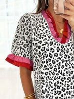 Leopard Print Frill Short Sleeve Blouse