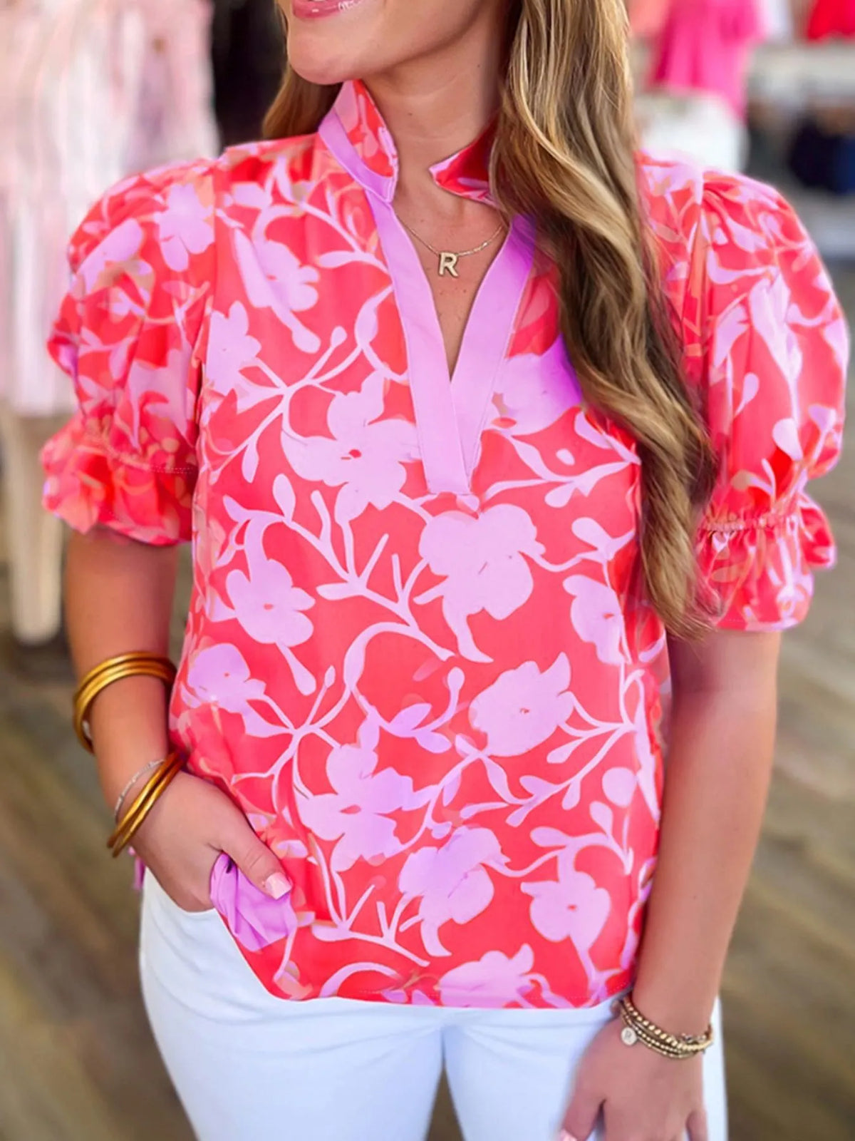 Floral Split V Neck Ruffled Short Sleeve Blouse Top - Ladyez