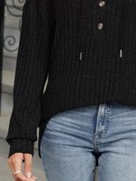 Casual Ribbed Knit Button Detail Hoodie