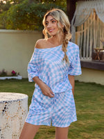 Plaid Round Neck Top and Shorts Lounge Set - Ladyez