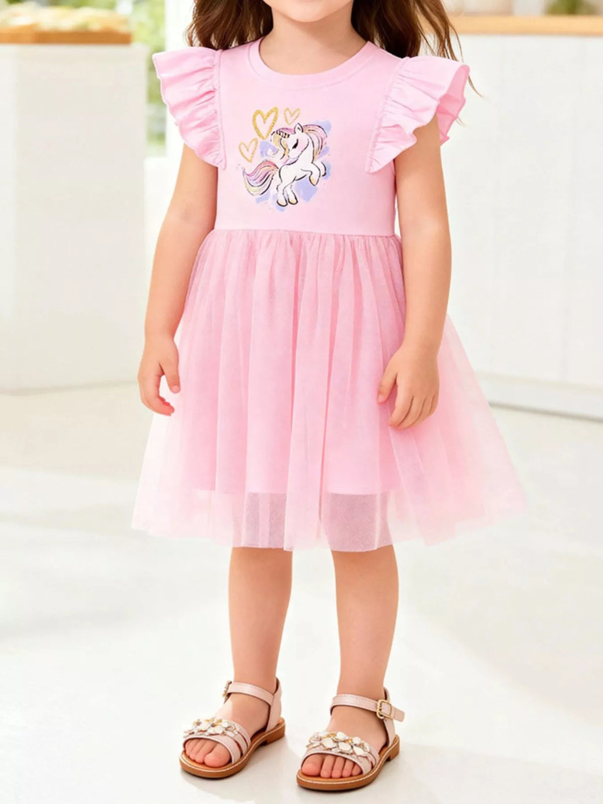 Children's Unicorn Graphic Ruffle Sleeve Tulle Dress