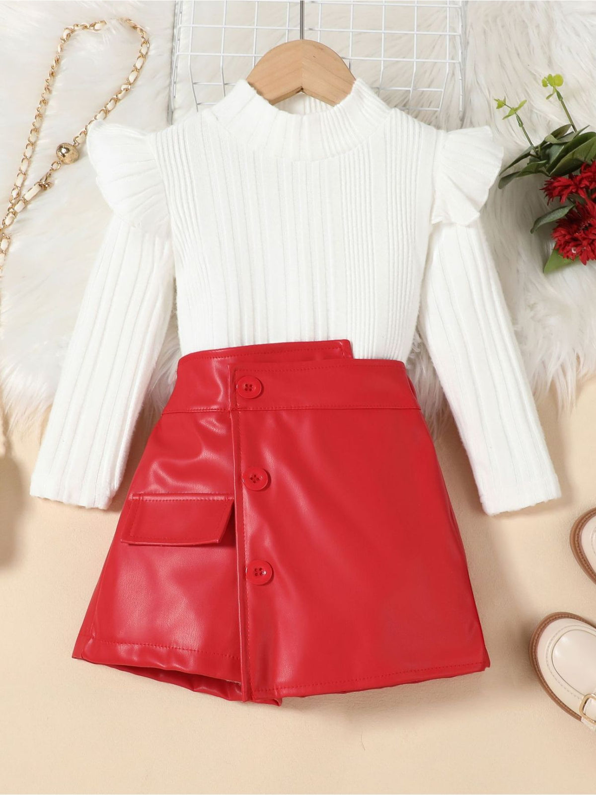 Children's Ribbed Knit Top and Leather Skirt Set