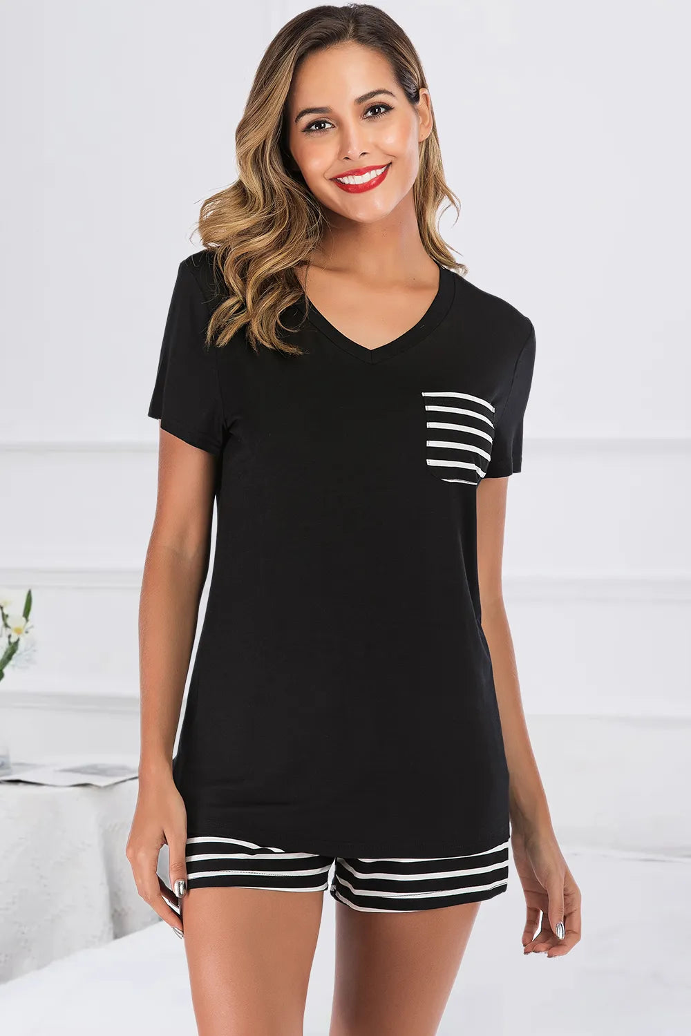 Striped Short Sleeve Top and Shorts Lounge Set - Ladyez
