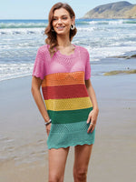 Openwork Round Neck Short Sleeve Cover-UP - Ladyez