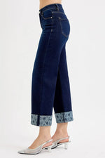 RISEN Full Size Mid Rise Fit Crop Wide With Printed Cuff Jeans Plus Size - Ladyez