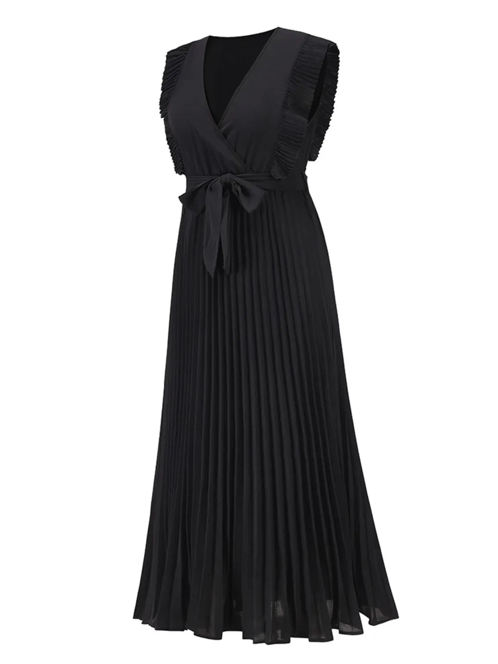 Tied Surplice Cap Sleeve Pleated Dress - Ladyez