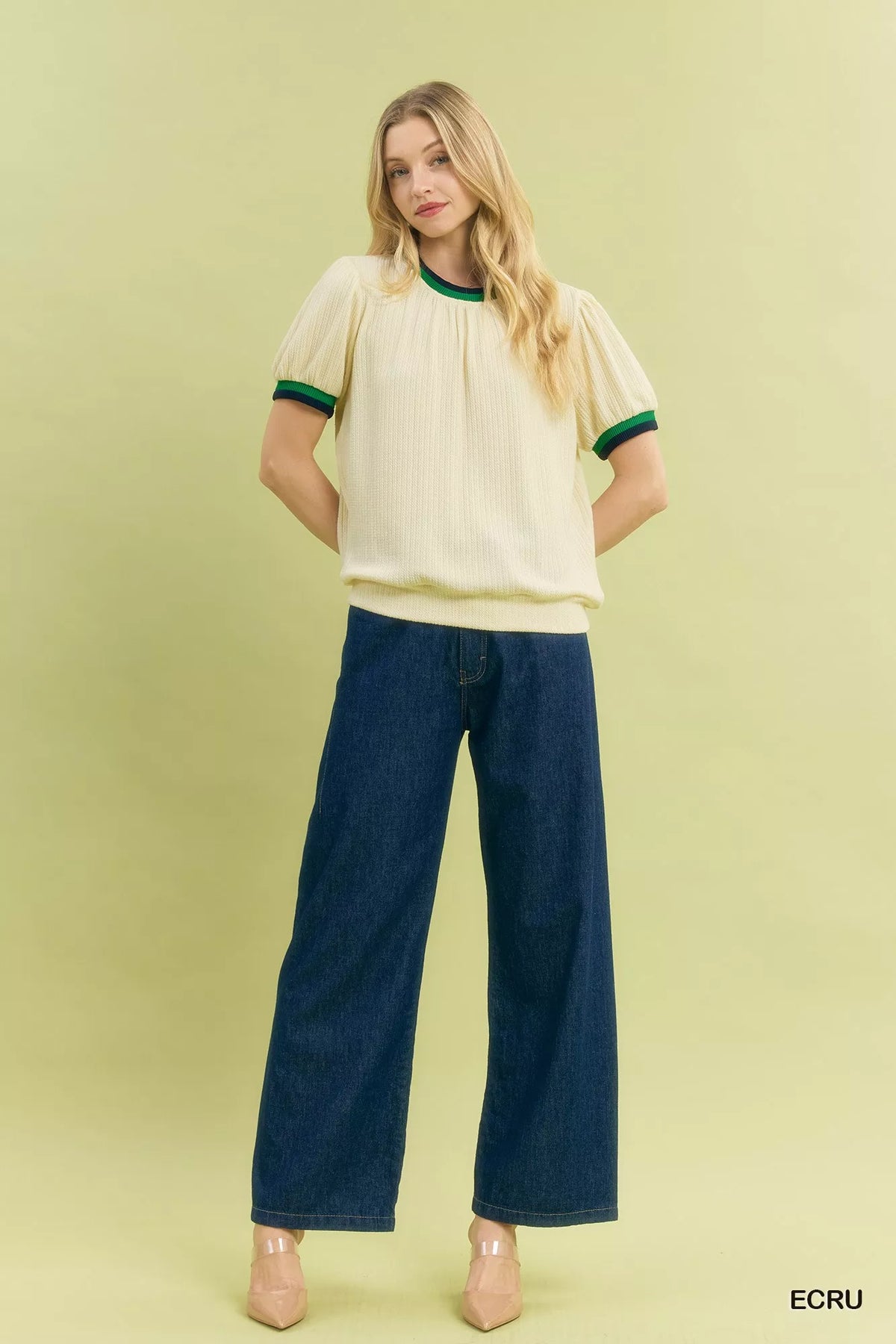 Umgee Puff Sleeve Knit Top with Contrast Rib Trim