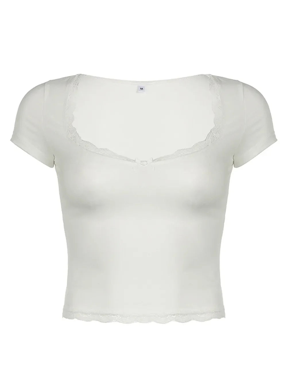 Lace Detail Sweetheart Neck Short Sleeve T-Shirt