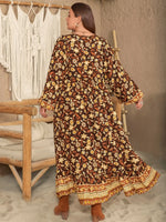 Plus Size Printed V-Neck Balloon Sleeve Dress - Ladyez