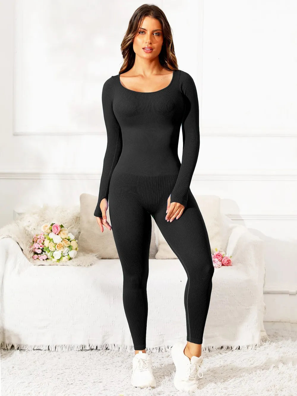 Scoop Neck Long Sleeve Active Jumpsuit - Ladyez