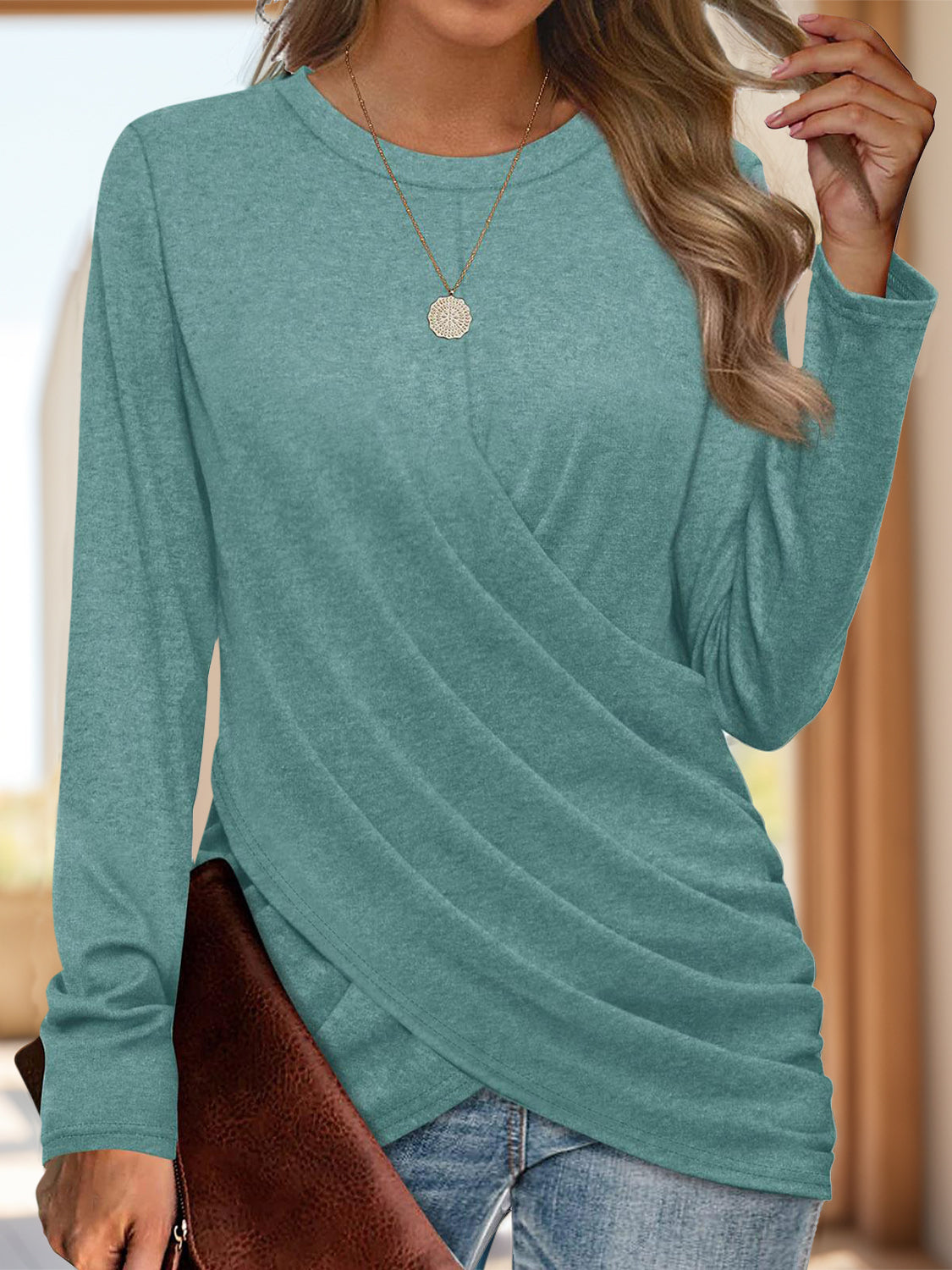 Ruched Round Neck Long Sleeve T-Shirt - Ladyez