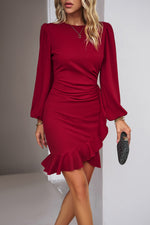 Devine Ruched Ruffled Balloon Sleeve Mini Dress - Ladyez