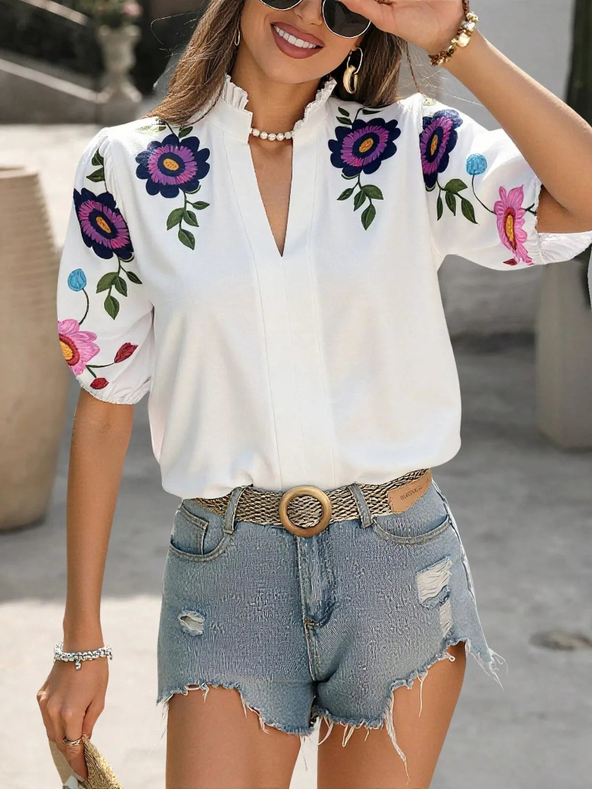 Floral Print Notched Puff Sleeve Blouse - Ladyez