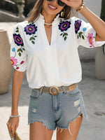 Floral Print Notched Puff Sleeve Blouse - Ladyez