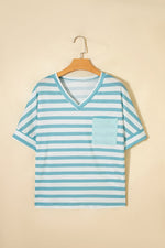 Stripe V Neck Patched Pocket Casual T Shirt