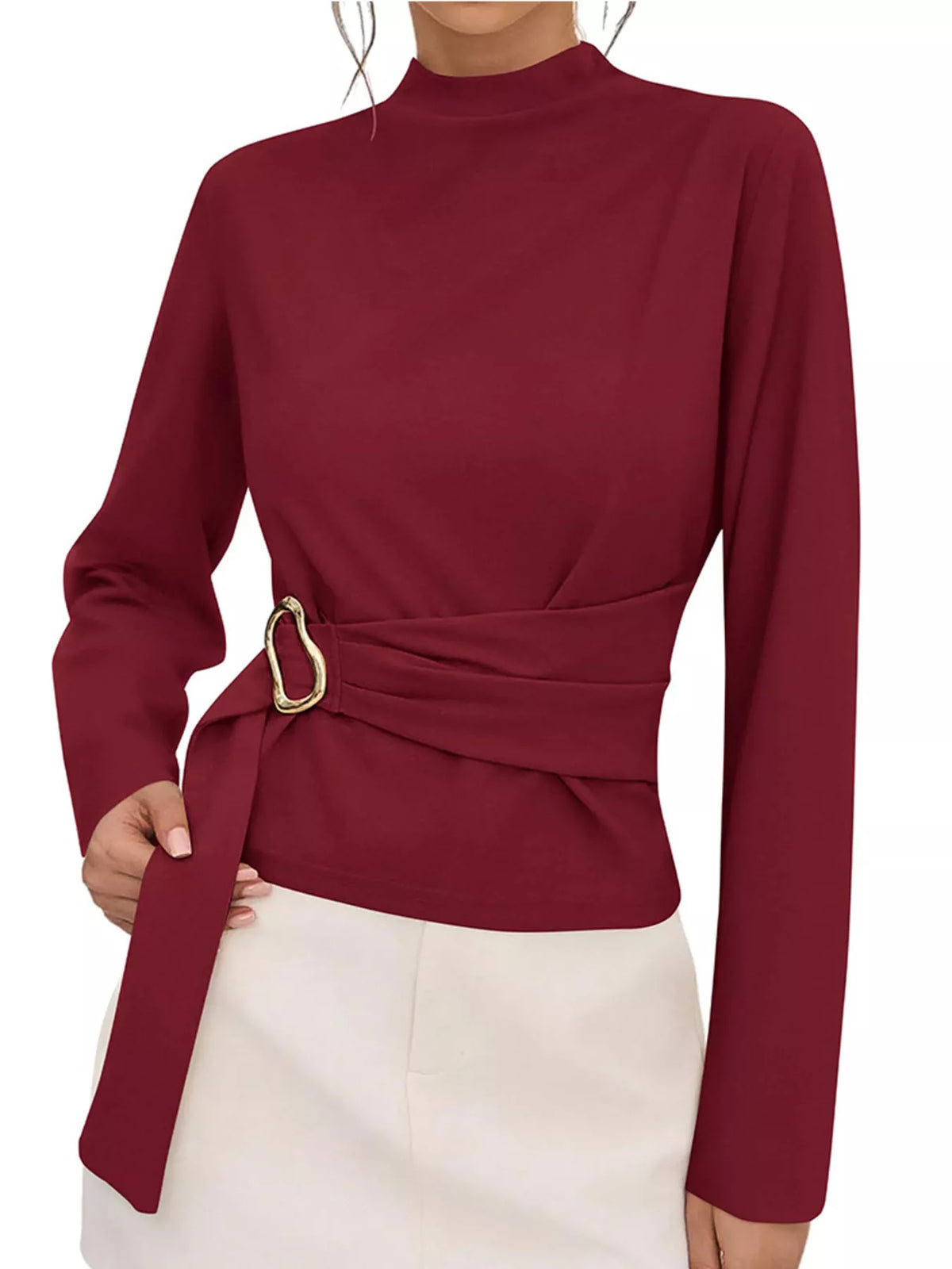 Mock Neck Blouse with Waist-Defining Metal Buckle Detail