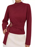 Mock Neck Blouse with Waist-Defining Metal Buckle Detail