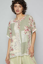 POL Lace Round Neck Short Sleeve Floral Pattern Top with Patch Detail
