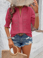 Eyelet Notched Flounce Sleeve Blouse
