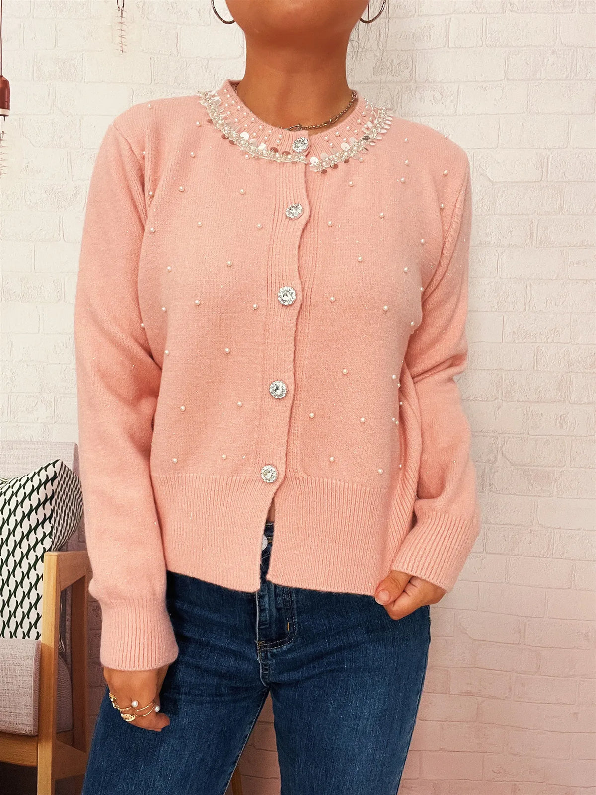 Pearl Detail Button-Front Cardigan