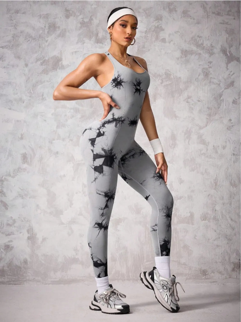 Back Crisscross Tie-Dye Scoop Neck Active Jumpsuit - Ladyez