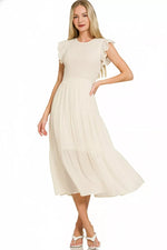 Zenana Woven Smocked Ruffle Sleeve Midi Dress