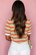 Abstract Striped Knit Short Sleeve Sweater