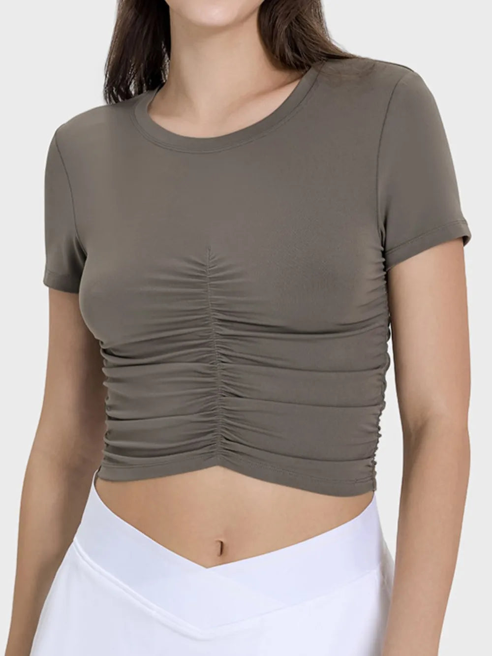 Millennia Ruched Round Neck Short Sleeve Active T-Shirt - Ladyez