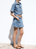 Button Up Short Sleeve Top and Skort Denim Set