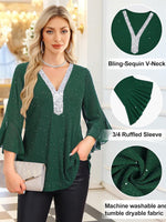 Sequin V-Neck Flounce Sleeve Blouse