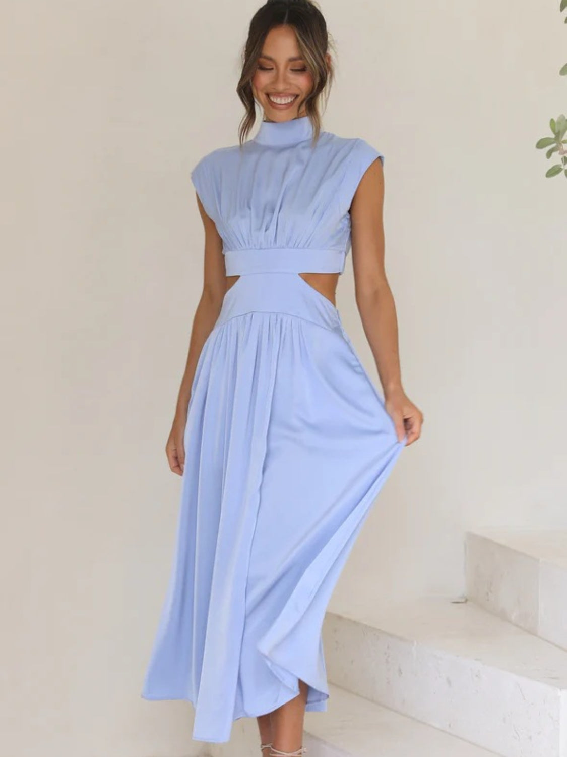Cutout Mock Neck Sleeveless Ruched Dress - Ladyez