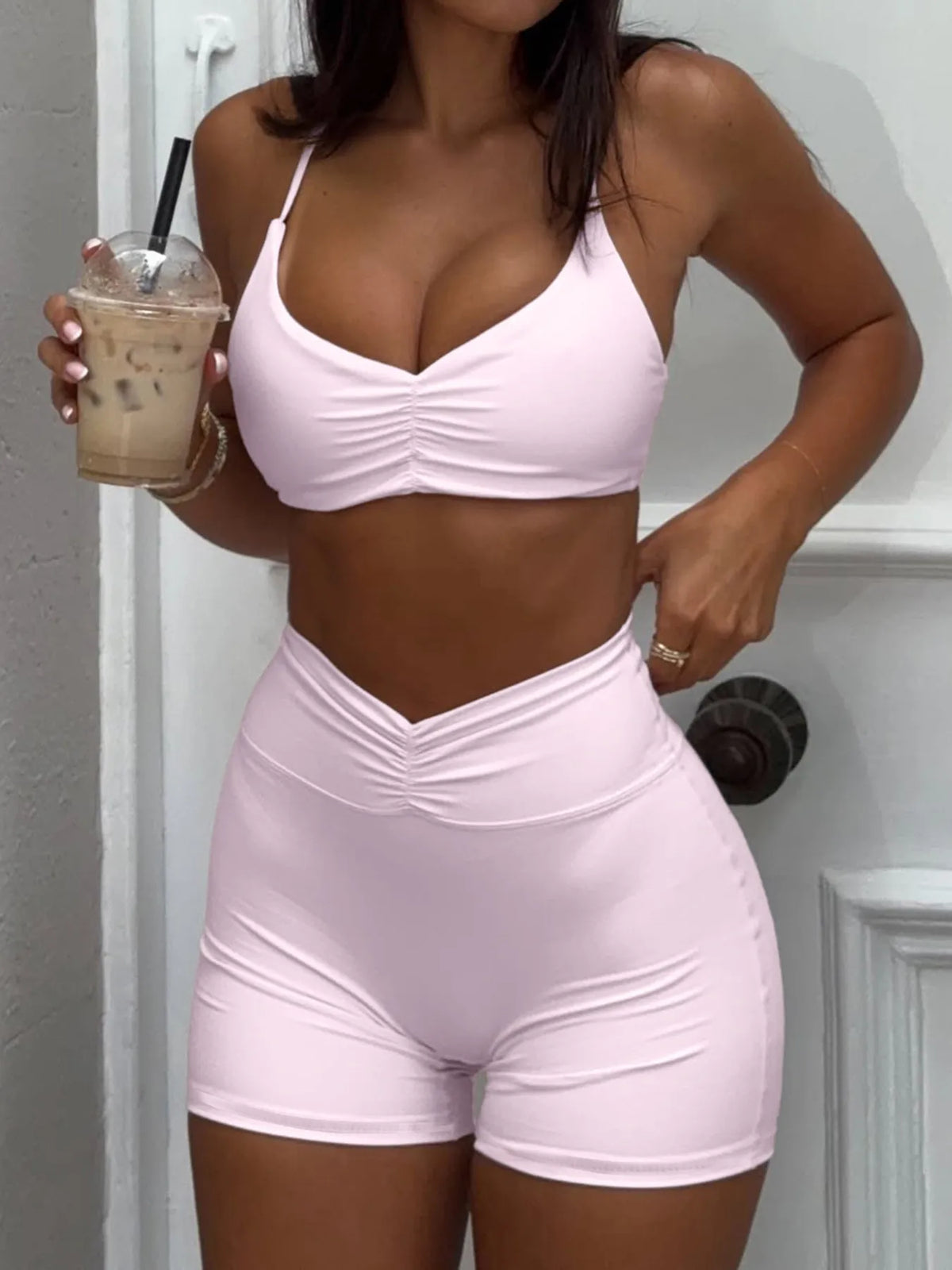 Ruched Sports Bra and High-Waisted Shorts Active Set - Ladyez