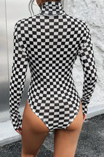 Checkered Turtleneck Long Sleeve Bodysuit - Ladyez