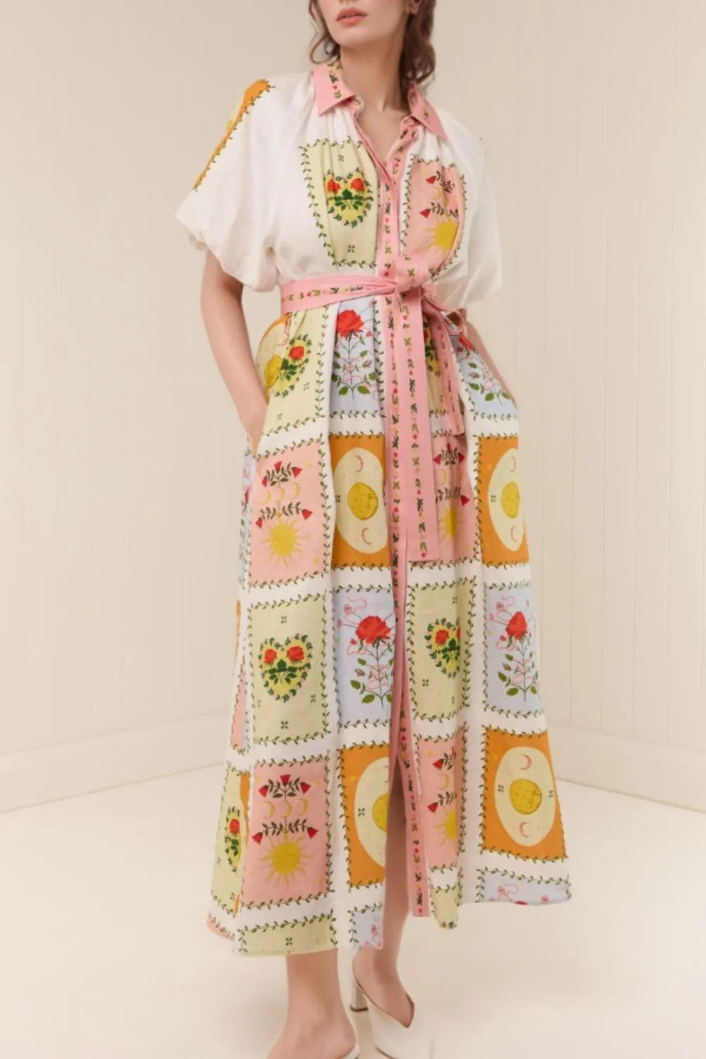 Printed Short Sleeve Belted Maxi Dress - Ladyez