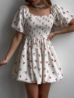 Puff Sleeve Cherry Print Smocked Mini Dress