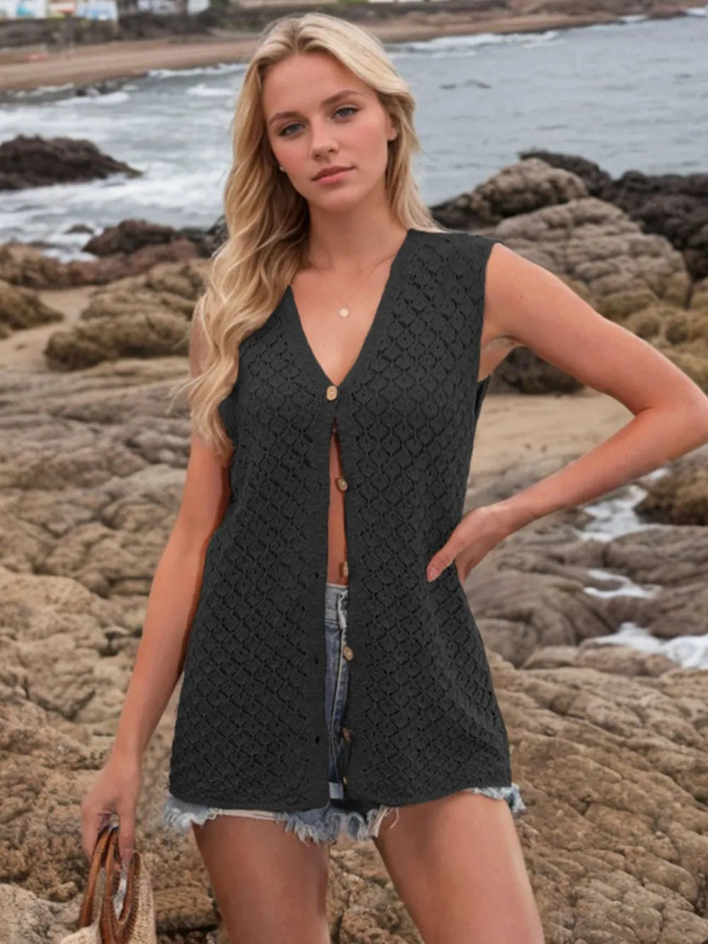 Button Down Eyelet V-Neck Sweater Vest