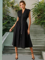 Smocked Zip Front Cap Sleeve Dress - Ladyez